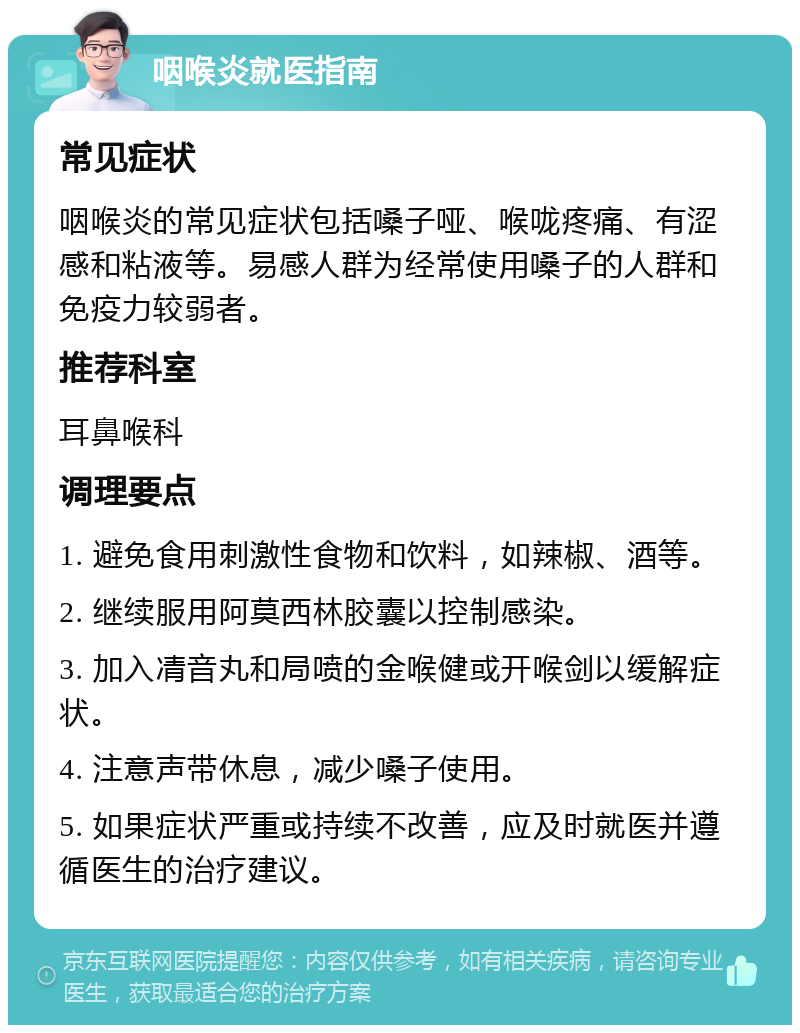 咽喉炎就医指南 常见症状 咽喉炎的常见症状包括嗓子哑、喉咙疼痛、有涩感和粘液等。易感人群为经常使用嗓子的人群和免疫力较弱者。 推荐科室 耳鼻喉科 调理要点 1. 避免食用刺激性食物和饮料，如辣椒、酒等。 2. 继续服用阿莫西林胶囊以控制感染。 3. 加入凊音丸和局喷的金喉健或开喉剑以缓解症状。 4. 注意声带休息，减少嗓子使用。 5. 如果症状严重或持续不改善，应及时就医并遵循医生的治疗建议。