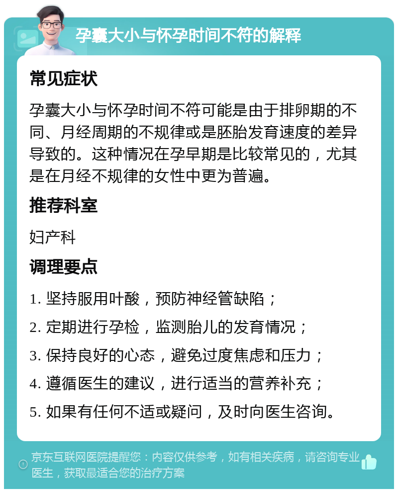 孕囊大小与怀孕时间不符的解释 常见症状 孕囊大小与怀孕时间不符可能是由于排卵期的不同、月经周期的不规律或是胚胎发育速度的差异导致的。这种情况在孕早期是比较常见的，尤其是在月经不规律的女性中更为普遍。 推荐科室 妇产科 调理要点 1. 坚持服用叶酸，预防神经管缺陷； 2. 定期进行孕检，监测胎儿的发育情况； 3. 保持良好的心态，避免过度焦虑和压力； 4. 遵循医生的建议，进行适当的营养补充； 5. 如果有任何不适或疑问，及时向医生咨询。