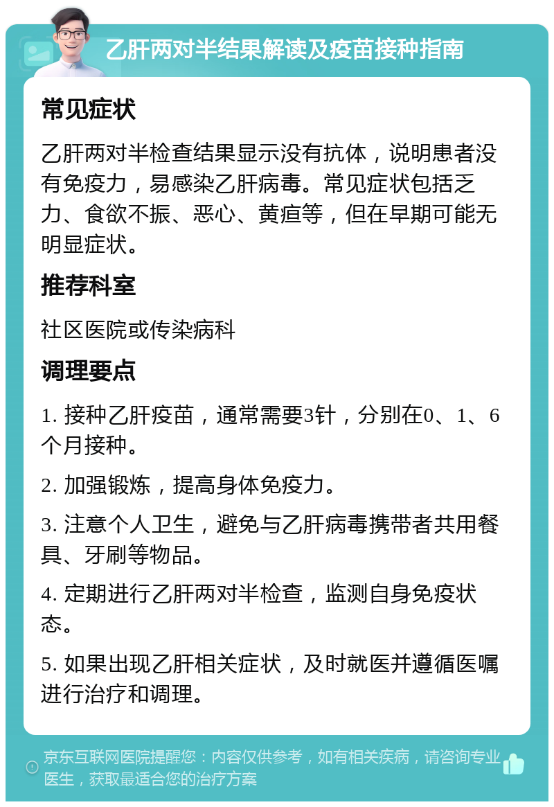 乙肝两对半结果解读及疫苗接种指南 常见症状 乙肝两对半检查结果显示没有抗体，说明患者没有免疫力，易感染乙肝病毒。常见症状包括乏力、食欲不振、恶心、黄疸等，但在早期可能无明显症状。 推荐科室 社区医院或传染病科 调理要点 1. 接种乙肝疫苗，通常需要3针，分别在0、1、6个月接种。 2. 加强锻炼，提高身体免疫力。 3. 注意个人卫生，避免与乙肝病毒携带者共用餐具、牙刷等物品。 4. 定期进行乙肝两对半检查，监测自身免疫状态。 5. 如果出现乙肝相关症状，及时就医并遵循医嘱进行治疗和调理。