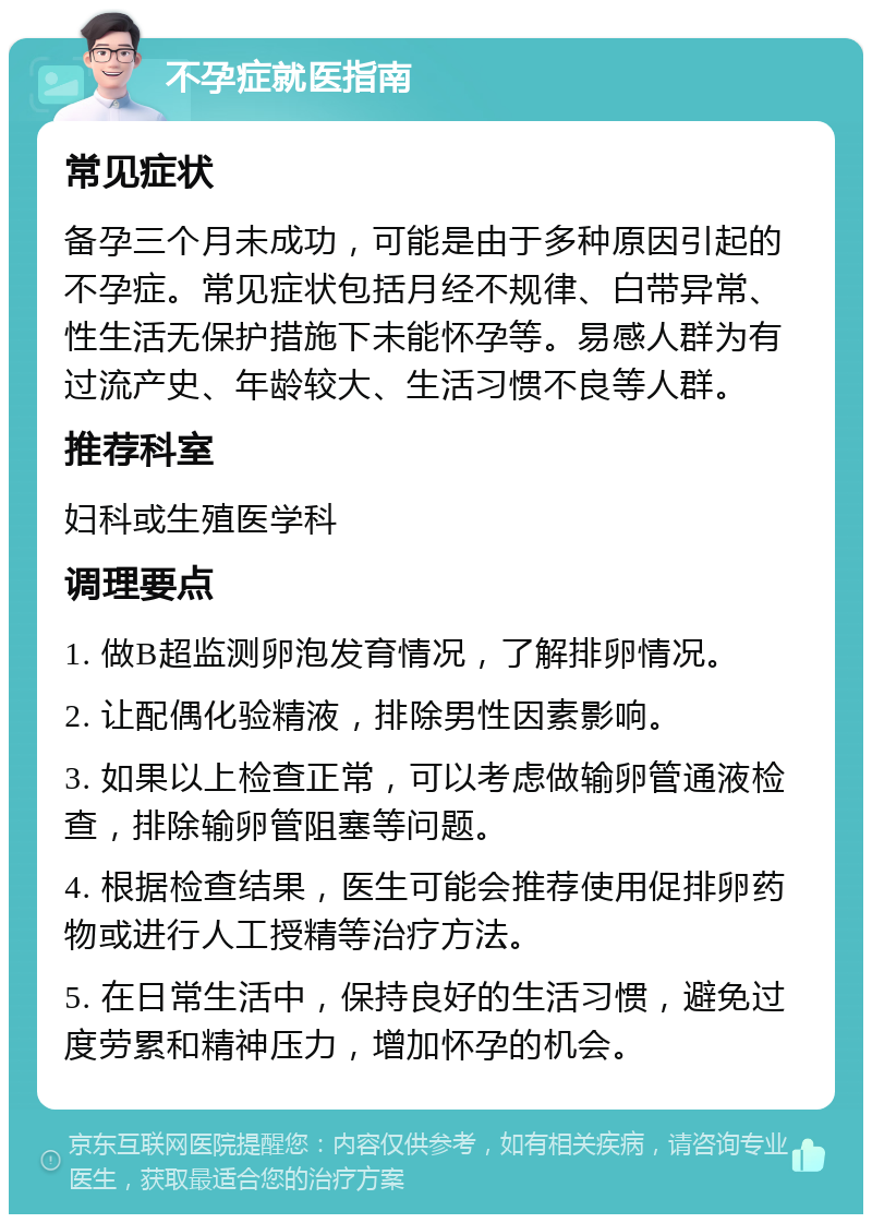 不孕症就医指南 常见症状 备孕三个月未成功，可能是由于多种原因引起的不孕症。常见症状包括月经不规律、白带异常、性生活无保护措施下未能怀孕等。易感人群为有过流产史、年龄较大、生活习惯不良等人群。 推荐科室 妇科或生殖医学科 调理要点 1. 做B超监测卵泡发育情况，了解排卵情况。 2. 让配偶化验精液，排除男性因素影响。 3. 如果以上检查正常，可以考虑做输卵管通液检查，排除输卵管阻塞等问题。 4. 根据检查结果，医生可能会推荐使用促排卵药物或进行人工授精等治疗方法。 5. 在日常生活中，保持良好的生活习惯，避免过度劳累和精神压力，增加怀孕的机会。