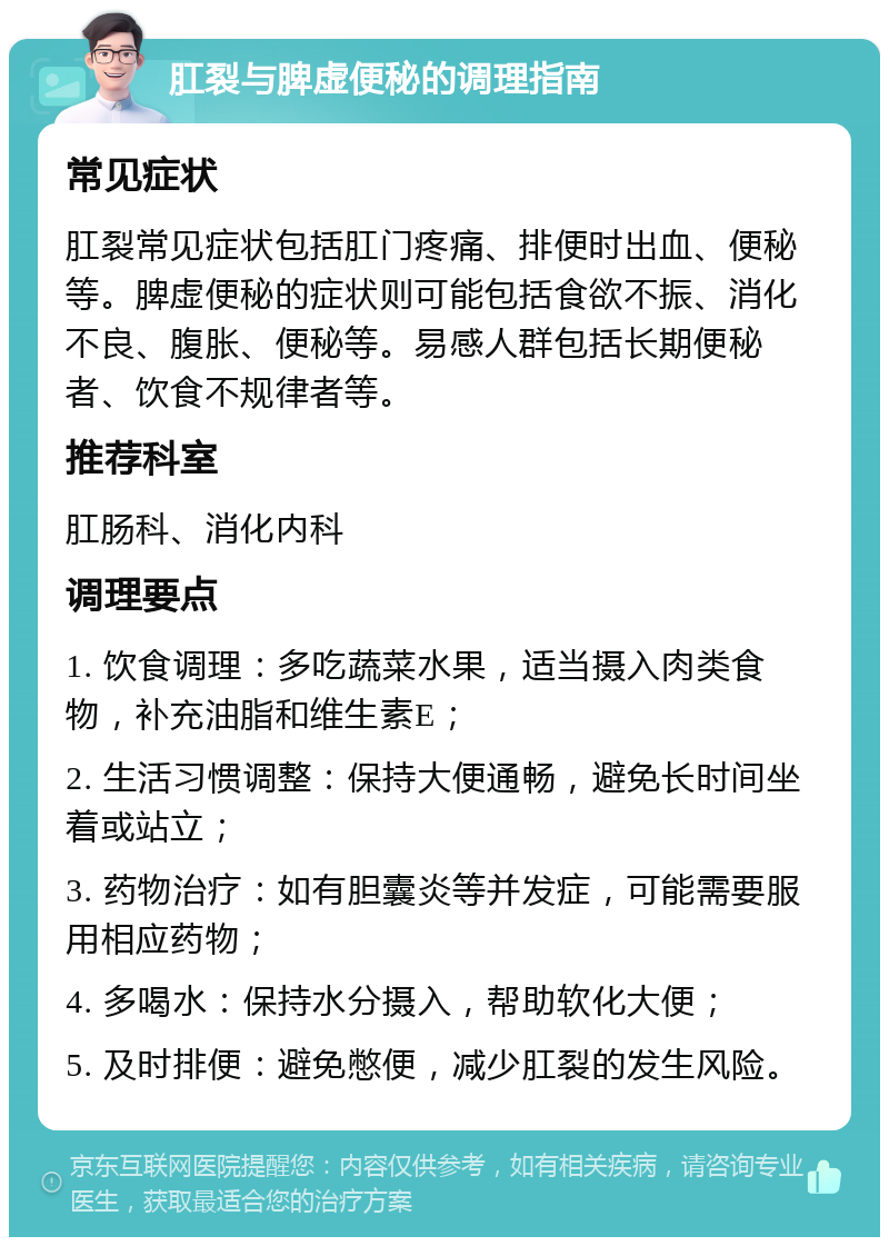 肛裂与脾虚便秘的调理指南 常见症状 肛裂常见症状包括肛门疼痛、排便时出血、便秘等。脾虚便秘的症状则可能包括食欲不振、消化不良、腹胀、便秘等。易感人群包括长期便秘者、饮食不规律者等。 推荐科室 肛肠科、消化内科 调理要点 1. 饮食调理：多吃蔬菜水果，适当摄入肉类食物，补充油脂和维生素E； 2. 生活习惯调整：保持大便通畅，避免长时间坐着或站立； 3. 药物治疗：如有胆囊炎等并发症，可能需要服用相应药物； 4. 多喝水：保持水分摄入，帮助软化大便； 5. 及时排便：避免憋便，减少肛裂的发生风险。