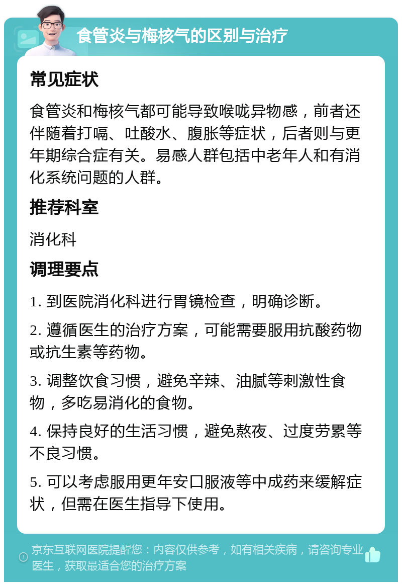 食管炎与梅核气的区别与治疗 常见症状 食管炎和梅核气都可能导致喉咙异物感，前者还伴随着打嗝、吐酸水、腹胀等症状，后者则与更年期综合症有关。易感人群包括中老年人和有消化系统问题的人群。 推荐科室 消化科 调理要点 1. 到医院消化科进行胃镜检查，明确诊断。 2. 遵循医生的治疗方案，可能需要服用抗酸药物或抗生素等药物。 3. 调整饮食习惯，避免辛辣、油腻等刺激性食物，多吃易消化的食物。 4. 保持良好的生活习惯，避免熬夜、过度劳累等不良习惯。 5. 可以考虑服用更年安口服液等中成药来缓解症状，但需在医生指导下使用。