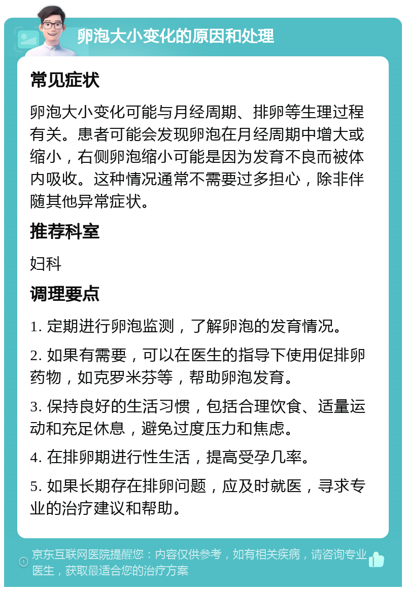 卵泡大小变化的原因和处理 常见症状 卵泡大小变化可能与月经周期、排卵等生理过程有关。患者可能会发现卵泡在月经周期中增大或缩小，右侧卵泡缩小可能是因为发育不良而被体内吸收。这种情况通常不需要过多担心，除非伴随其他异常症状。 推荐科室 妇科 调理要点 1. 定期进行卵泡监测，了解卵泡的发育情况。 2. 如果有需要，可以在医生的指导下使用促排卵药物，如克罗米芬等，帮助卵泡发育。 3. 保持良好的生活习惯，包括合理饮食、适量运动和充足休息，避免过度压力和焦虑。 4. 在排卵期进行性生活，提高受孕几率。 5. 如果长期存在排卵问题，应及时就医，寻求专业的治疗建议和帮助。