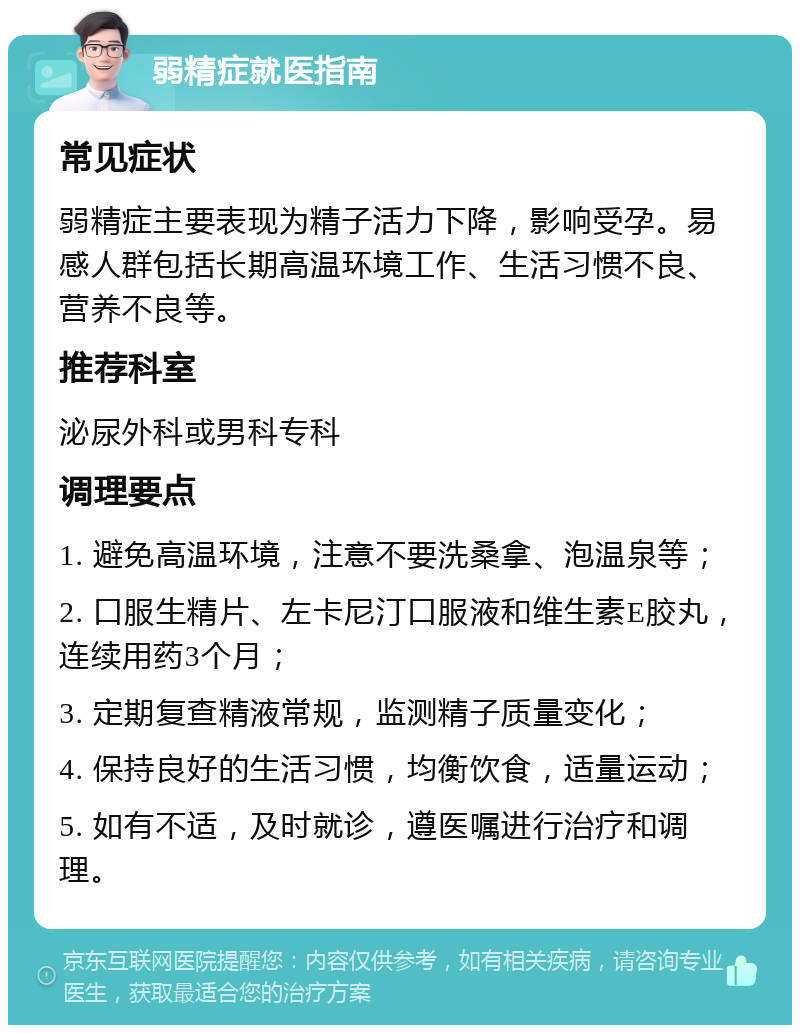 弱精症就医指南 常见症状 弱精症主要表现为精子活力下降，影响受孕。易感人群包括长期高温环境工作、生活习惯不良、营养不良等。 推荐科室 泌尿外科或男科专科 调理要点 1. 避免高温环境，注意不要洗桑拿、泡温泉等； 2. 口服生精片、左卡尼汀口服液和维生素E胶丸，连续用药3个月； 3. 定期复查精液常规，监测精子质量变化； 4. 保持良好的生活习惯，均衡饮食，适量运动； 5. 如有不适，及时就诊，遵医嘱进行治疗和调理。