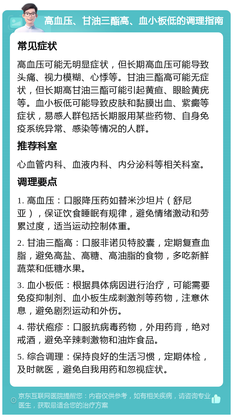 高血压、甘油三酯高、血小板低的调理指南 常见症状 高血压可能无明显症状，但长期高血压可能导致头痛、视力模糊、心悸等。甘油三酯高可能无症状，但长期高甘油三酯可能引起黄疸、眼睑黄疣等。血小板低可能导致皮肤和黏膜出血、紫癜等症状，易感人群包括长期服用某些药物、自身免疫系统异常、感染等情况的人群。 推荐科室 心血管内科、血液内科、内分泌科等相关科室。 调理要点 1. 高血压：口服降压药如替米沙坦片（舒尼亚），保证饮食睡眠有规律，避免情绪激动和劳累过度，适当运动控制体重。 2. 甘油三酯高：口服非诺贝特胶囊，定期复查血脂，避免高盐、高糖、高油脂的食物，多吃新鲜蔬菜和低糖水果。 3. 血小板低：根据具体病因进行治疗，可能需要免疫抑制剂、血小板生成刺激剂等药物，注意休息，避免剧烈运动和外伤。 4. 带状疱疹：口服抗病毒药物，外用药膏，绝对戒酒，避免辛辣刺激物和油炸食品。 5. 综合调理：保持良好的生活习惯，定期体检，及时就医，避免自我用药和忽视症状。