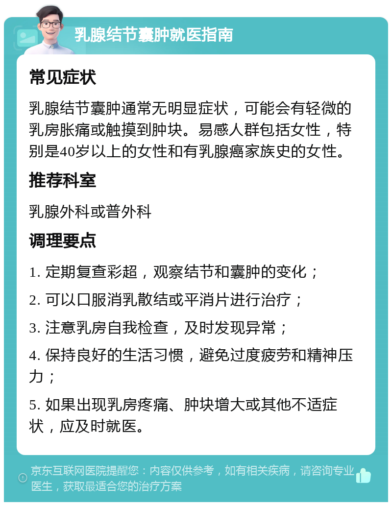 乳腺结节囊肿就医指南 常见症状 乳腺结节囊肿通常无明显症状，可能会有轻微的乳房胀痛或触摸到肿块。易感人群包括女性，特别是40岁以上的女性和有乳腺癌家族史的女性。 推荐科室 乳腺外科或普外科 调理要点 1. 定期复查彩超，观察结节和囊肿的变化； 2. 可以口服消乳散结或平消片进行治疗； 3. 注意乳房自我检查，及时发现异常； 4. 保持良好的生活习惯，避免过度疲劳和精神压力； 5. 如果出现乳房疼痛、肿块增大或其他不适症状，应及时就医。