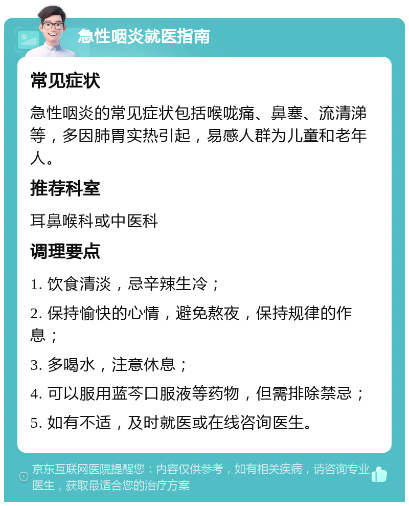 急性咽炎就医指南 常见症状 急性咽炎的常见症状包括喉咙痛、鼻塞、流清涕等，多因肺胃实热引起，易感人群为儿童和老年人。 推荐科室 耳鼻喉科或中医科 调理要点 1. 饮食清淡，忌辛辣生冷； 2. 保持愉快的心情，避免熬夜，保持规律的作息； 3. 多喝水，注意休息； 4. 可以服用蓝芩口服液等药物，但需排除禁忌； 5. 如有不适，及时就医或在线咨询医生。