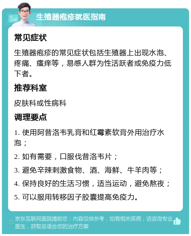 生殖器疱疹就医指南 常见症状 生殖器疱疹的常见症状包括生殖器上出现水泡、疼痛、瘙痒等，易感人群为性活跃者或免疫力低下者。 推荐科室 皮肤科或性病科 调理要点 1. 使用阿昔洛韦乳膏和红霉素软膏外用治疗水泡； 2. 如有需要，口服伐昔洛韦片； 3. 避免辛辣刺激食物、酒、海鲜、牛羊肉等； 4. 保持良好的生活习惯，适当运动，避免熬夜； 5. 可以服用转移因子胶囊提高免疫力。