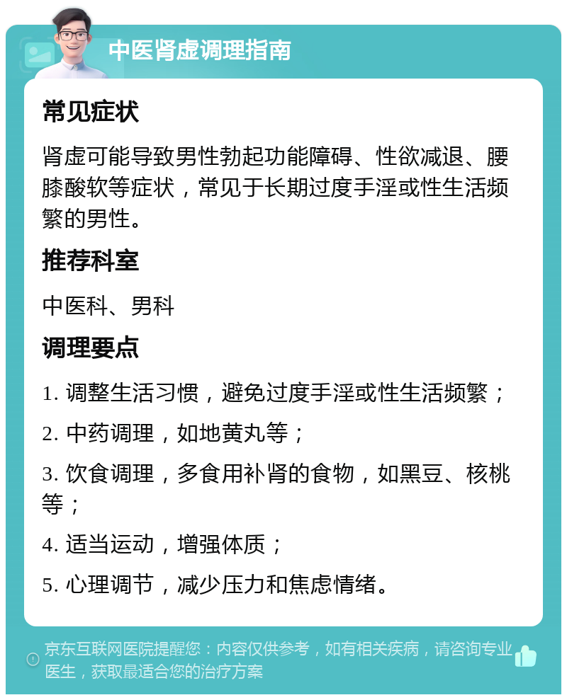 中医肾虚调理指南 常见症状 肾虚可能导致男性勃起功能障碍、性欲减退、腰膝酸软等症状，常见于长期过度手淫或性生活频繁的男性。 推荐科室 中医科、男科 调理要点 1. 调整生活习惯，避免过度手淫或性生活频繁； 2. 中药调理，如地黄丸等； 3. 饮食调理，多食用补肾的食物，如黑豆、核桃等； 4. 适当运动，增强体质； 5. 心理调节，减少压力和焦虑情绪。