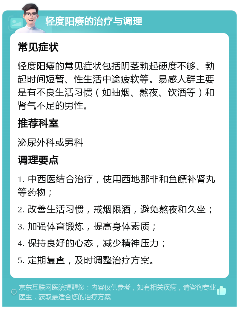 轻度阳痿的治疗与调理 常见症状 轻度阳痿的常见症状包括阴茎勃起硬度不够、勃起时间短暂、性生活中途疲软等。易感人群主要是有不良生活习惯（如抽烟、熬夜、饮酒等）和肾气不足的男性。 推荐科室 泌尿外科或男科 调理要点 1. 中西医结合治疗，使用西地那非和鱼鳔补肾丸等药物； 2. 改善生活习惯，戒烟限酒，避免熬夜和久坐； 3. 加强体育锻炼，提高身体素质； 4. 保持良好的心态，减少精神压力； 5. 定期复查，及时调整治疗方案。