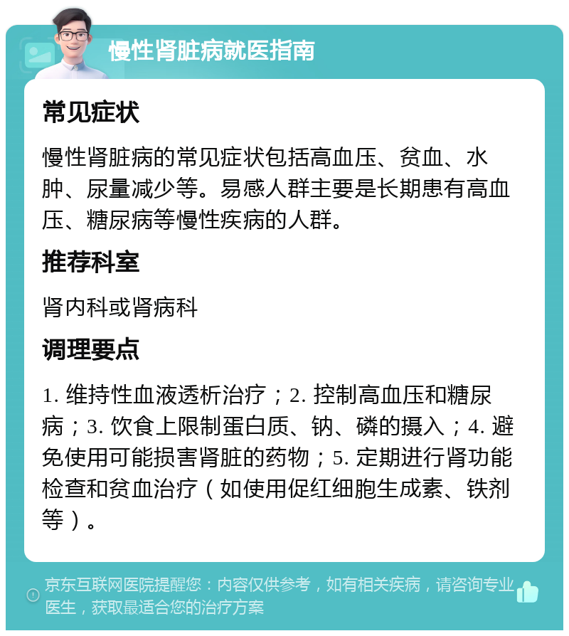 慢性肾脏病就医指南 常见症状 慢性肾脏病的常见症状包括高血压、贫血、水肿、尿量减少等。易感人群主要是长期患有高血压、糖尿病等慢性疾病的人群。 推荐科室 肾内科或肾病科 调理要点 1. 维持性血液透析治疗；2. 控制高血压和糖尿病；3. 饮食上限制蛋白质、钠、磷的摄入；4. 避免使用可能损害肾脏的药物；5. 定期进行肾功能检查和贫血治疗（如使用促红细胞生成素、铁剂等）。