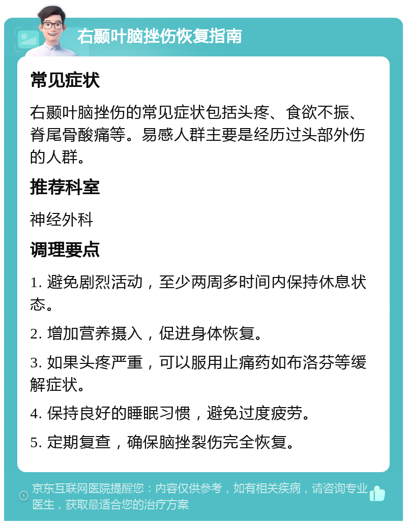 右颞叶脑挫伤恢复指南 常见症状 右颞叶脑挫伤的常见症状包括头疼、食欲不振、脊尾骨酸痛等。易感人群主要是经历过头部外伤的人群。 推荐科室 神经外科 调理要点 1. 避免剧烈活动，至少两周多时间内保持休息状态。 2. 增加营养摄入，促进身体恢复。 3. 如果头疼严重，可以服用止痛药如布洛芬等缓解症状。 4. 保持良好的睡眠习惯，避免过度疲劳。 5. 定期复查，确保脑挫裂伤完全恢复。