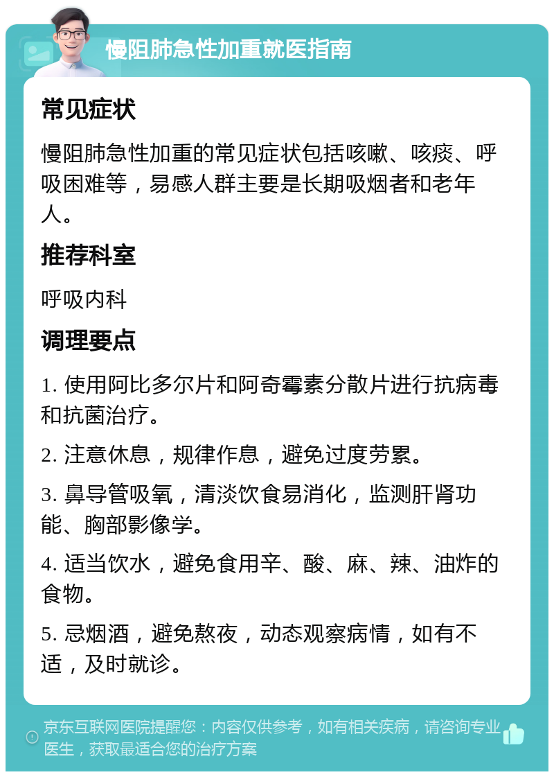 慢阻肺急性加重就医指南 常见症状 慢阻肺急性加重的常见症状包括咳嗽、咳痰、呼吸困难等，易感人群主要是长期吸烟者和老年人。 推荐科室 呼吸内科 调理要点 1. 使用阿比多尔片和阿奇霉素分散片进行抗病毒和抗菌治疗。 2. 注意休息，规律作息，避免过度劳累。 3. 鼻导管吸氧，清淡饮食易消化，监测肝肾功能、胸部影像学。 4. 适当饮水，避免食用辛、酸、麻、辣、油炸的食物。 5. 忌烟酒，避免熬夜，动态观察病情，如有不适，及时就诊。