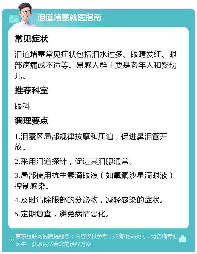 泪道堵塞就医指南 常见症状 泪道堵塞常见症状包括泪水过多、眼睛发红、眼部疼痛或不适等。易感人群主要是老年人和婴幼儿。 推荐科室 眼科 调理要点 1.泪囊区局部规律按摩和压迫，促进鼻泪管开放。 2.采用泪道探针，促进其泪腺通常。 3.局部使用抗生素滴眼液（如氧氟沙星滴眼液）控制感染。 4.及时清除眼部的分泌物，减轻感染的症状。 5.定期复查，避免病情恶化。