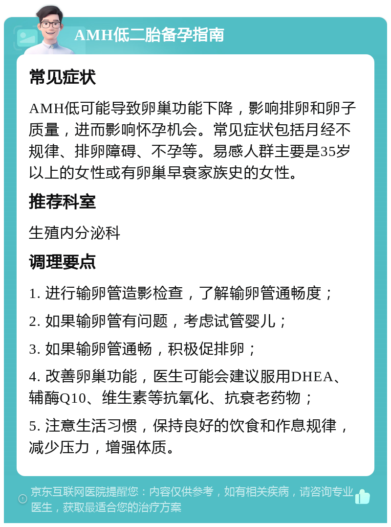 AMH低二胎备孕指南 常见症状 AMH低可能导致卵巢功能下降，影响排卵和卵子质量，进而影响怀孕机会。常见症状包括月经不规律、排卵障碍、不孕等。易感人群主要是35岁以上的女性或有卵巢早衰家族史的女性。 推荐科室 生殖内分泌科 调理要点 1. 进行输卵管造影检查，了解输卵管通畅度； 2. 如果输卵管有问题，考虑试管婴儿； 3. 如果输卵管通畅，积极促排卵； 4. 改善卵巢功能，医生可能会建议服用DHEA、辅酶Q10、维生素等抗氧化、抗衰老药物； 5. 注意生活习惯，保持良好的饮食和作息规律，减少压力，增强体质。