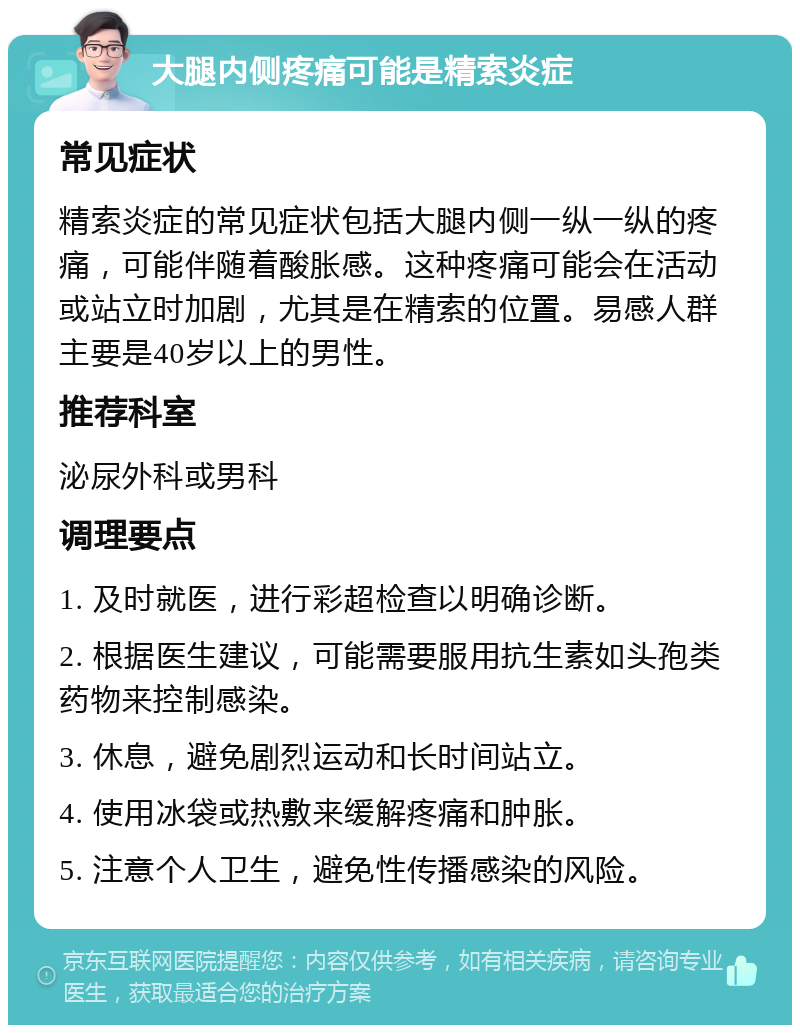 大腿内侧疼痛可能是精索炎症 常见症状 精索炎症的常见症状包括大腿内侧一纵一纵的疼痛，可能伴随着酸胀感。这种疼痛可能会在活动或站立时加剧，尤其是在精索的位置。易感人群主要是40岁以上的男性。 推荐科室 泌尿外科或男科 调理要点 1. 及时就医，进行彩超检查以明确诊断。 2. 根据医生建议，可能需要服用抗生素如头孢类药物来控制感染。 3. 休息，避免剧烈运动和长时间站立。 4. 使用冰袋或热敷来缓解疼痛和肿胀。 5. 注意个人卫生，避免性传播感染的风险。