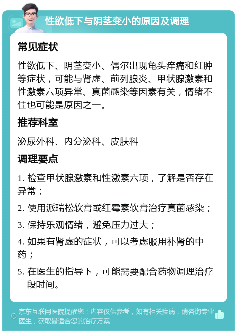 性欲低下与阴茎变小的原因及调理 常见症状 性欲低下、阴茎变小、偶尔出现龟头痒痛和红肿等症状，可能与肾虚、前列腺炎、甲状腺激素和性激素六项异常、真菌感染等因素有关，情绪不佳也可能是原因之一。 推荐科室 泌尿外科、内分泌科、皮肤科 调理要点 1. 检查甲状腺激素和性激素六项，了解是否存在异常； 2. 使用派瑞松软膏或红霉素软膏治疗真菌感染； 3. 保持乐观情绪，避免压力过大； 4. 如果有肾虚的症状，可以考虑服用补肾的中药； 5. 在医生的指导下，可能需要配合药物调理治疗一段时间。