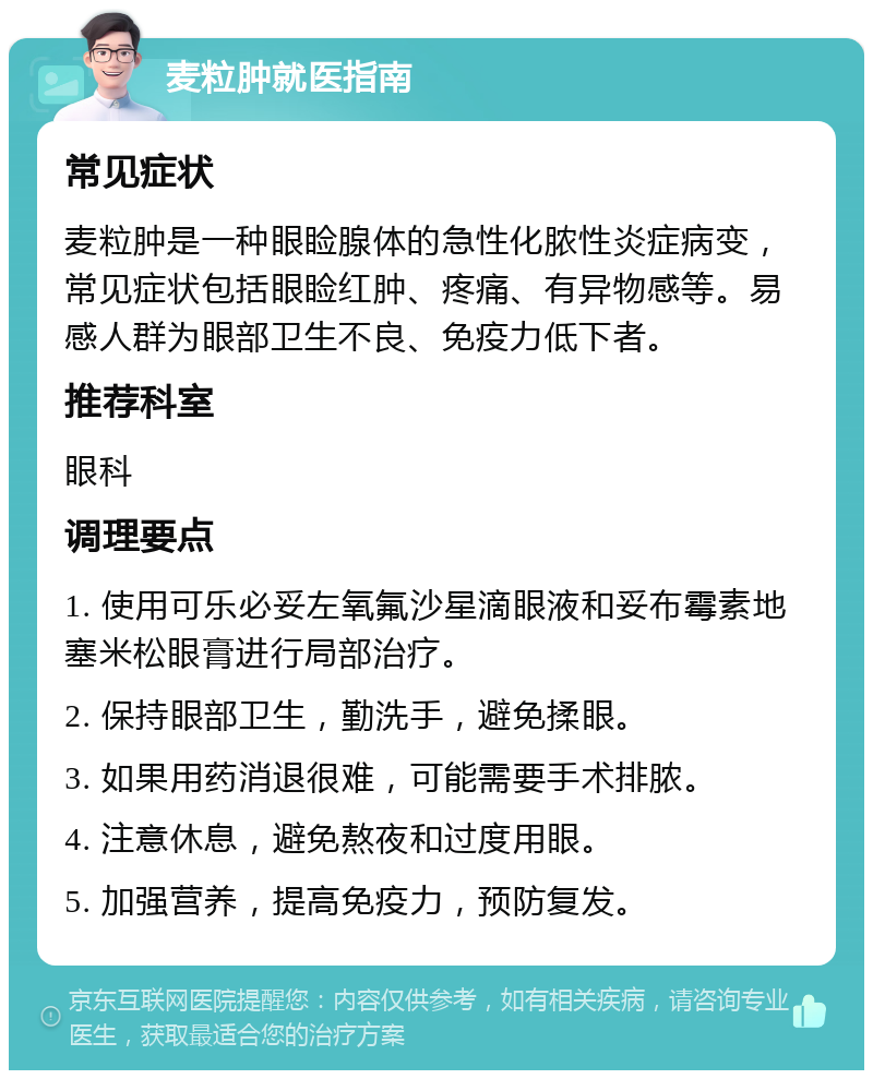 麦粒肿就医指南 常见症状 麦粒肿是一种眼睑腺体的急性化脓性炎症病变，常见症状包括眼睑红肿、疼痛、有异物感等。易感人群为眼部卫生不良、免疫力低下者。 推荐科室 眼科 调理要点 1. 使用可乐必妥左氧氟沙星滴眼液和妥布霉素地塞米松眼膏进行局部治疗。 2. 保持眼部卫生，勤洗手，避免揉眼。 3. 如果用药消退很难，可能需要手术排脓。 4. 注意休息，避免熬夜和过度用眼。 5. 加强营养，提高免疫力，预防复发。