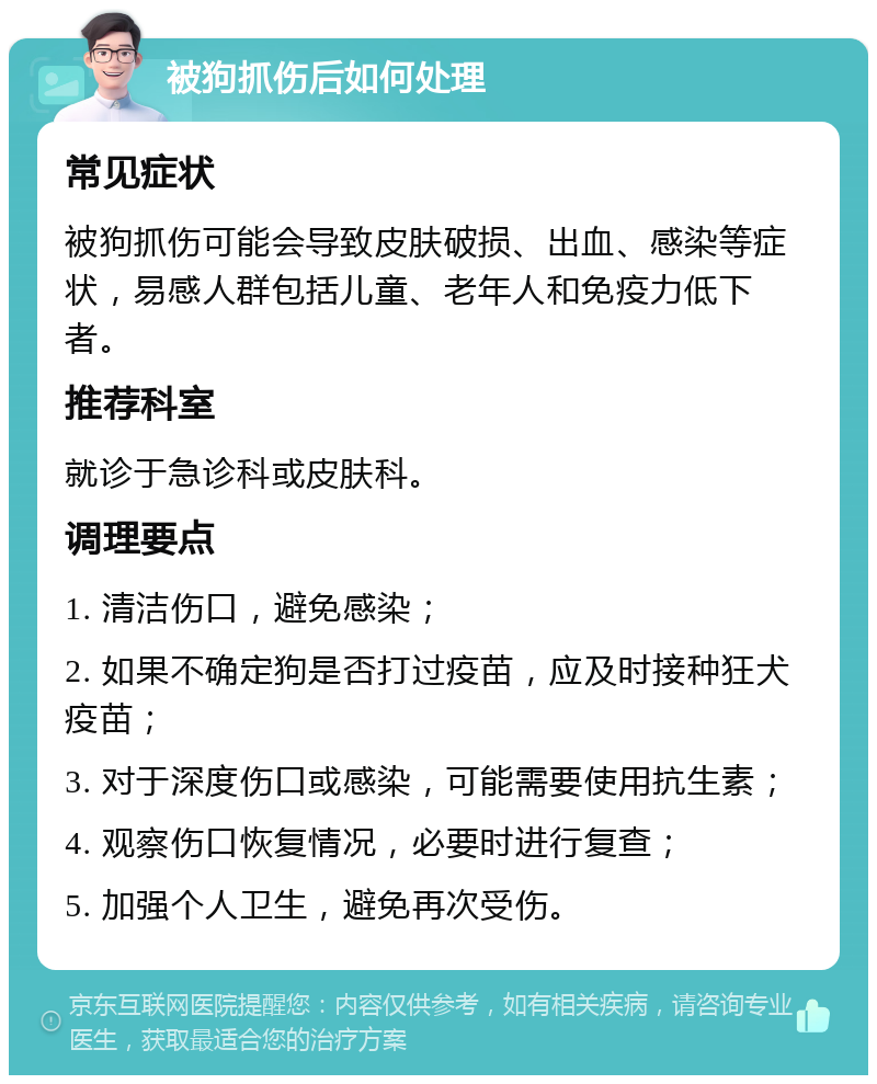 被狗抓伤后如何处理 常见症状 被狗抓伤可能会导致皮肤破损、出血、感染等症状，易感人群包括儿童、老年人和免疫力低下者。 推荐科室 就诊于急诊科或皮肤科。 调理要点 1. 清洁伤口，避免感染； 2. 如果不确定狗是否打过疫苗，应及时接种狂犬疫苗； 3. 对于深度伤口或感染，可能需要使用抗生素； 4. 观察伤口恢复情况，必要时进行复查； 5. 加强个人卫生，避免再次受伤。