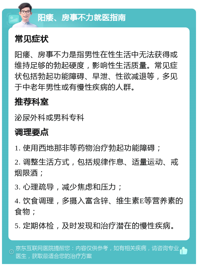 阳痿、房事不力就医指南 常见症状 阳痿、房事不力是指男性在性生活中无法获得或维持足够的勃起硬度，影响性生活质量。常见症状包括勃起功能障碍、早泄、性欲减退等，多见于中老年男性或有慢性疾病的人群。 推荐科室 泌尿外科或男科专科 调理要点 1. 使用西地那非等药物治疗勃起功能障碍； 2. 调整生活方式，包括规律作息、适量运动、戒烟限酒； 3. 心理疏导，减少焦虑和压力； 4. 饮食调理，多摄入富含锌、维生素E等营养素的食物； 5. 定期体检，及时发现和治疗潜在的慢性疾病。