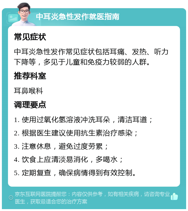 中耳炎急性发作就医指南 常见症状 中耳炎急性发作常见症状包括耳痛、发热、听力下降等，多见于儿童和免疫力较弱的人群。 推荐科室 耳鼻喉科 调理要点 1. 使用过氧化氢溶液冲洗耳朵，清洁耳道； 2. 根据医生建议使用抗生素治疗感染； 3. 注意休息，避免过度劳累； 4. 饮食上应清淡易消化，多喝水； 5. 定期复查，确保病情得到有效控制。