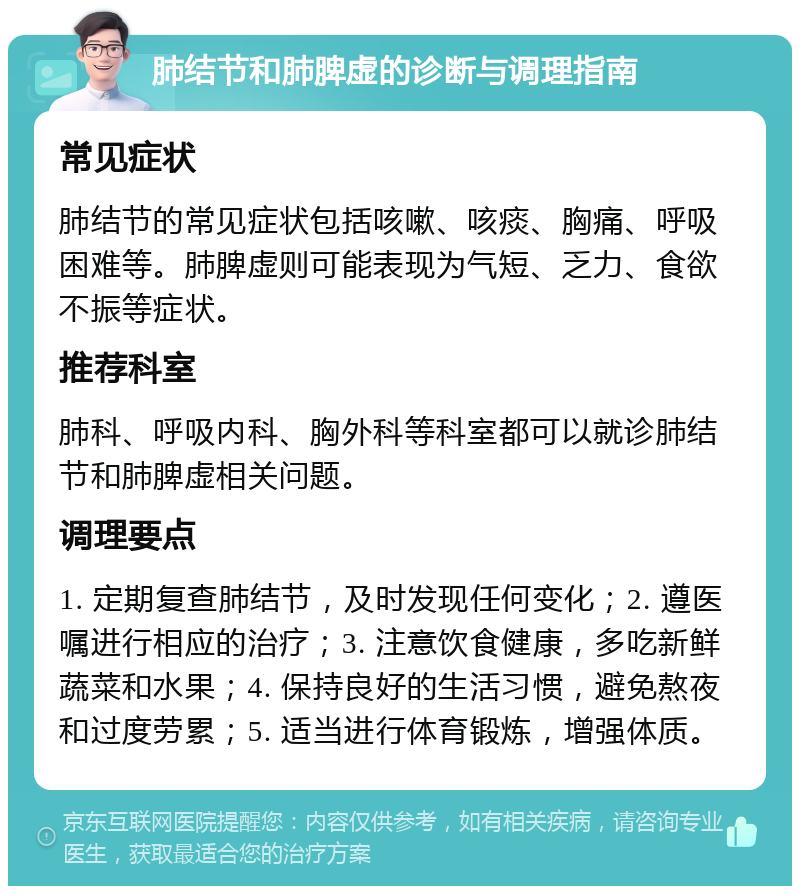 肺结节和肺脾虚的诊断与调理指南 常见症状 肺结节的常见症状包括咳嗽、咳痰、胸痛、呼吸困难等。肺脾虚则可能表现为气短、乏力、食欲不振等症状。 推荐科室 肺科、呼吸内科、胸外科等科室都可以就诊肺结节和肺脾虚相关问题。 调理要点 1. 定期复查肺结节，及时发现任何变化；2. 遵医嘱进行相应的治疗；3. 注意饮食健康，多吃新鲜蔬菜和水果；4. 保持良好的生活习惯，避免熬夜和过度劳累；5. 适当进行体育锻炼，增强体质。