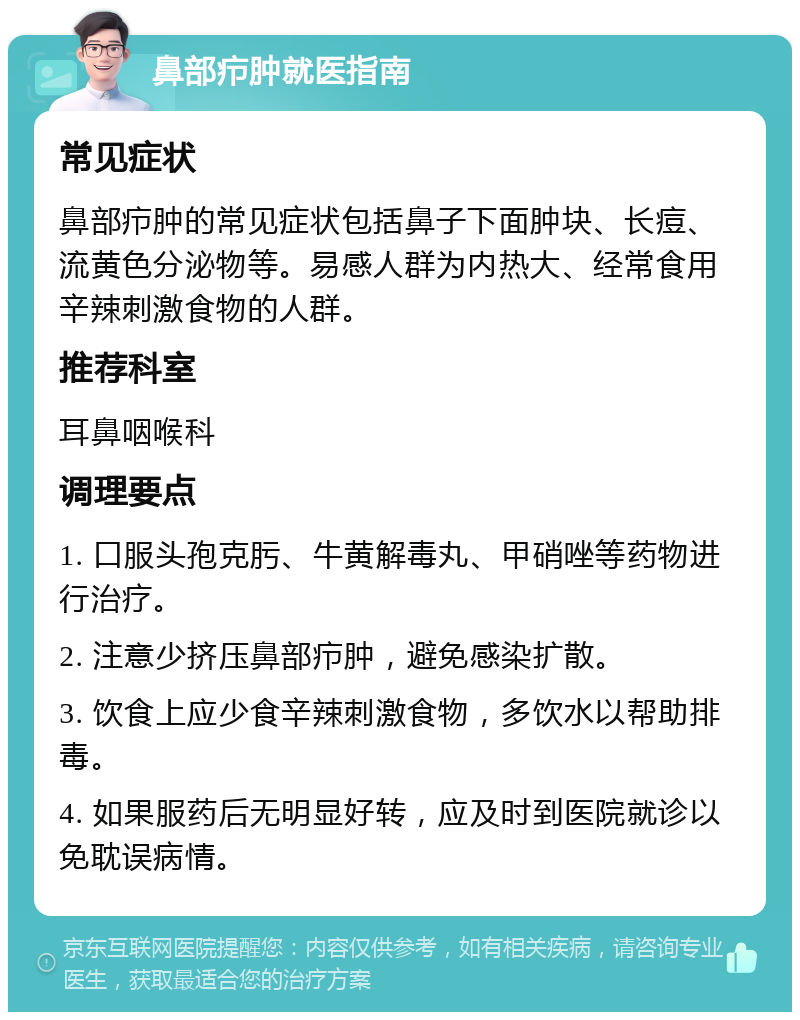 鼻部疖肿就医指南 常见症状 鼻部疖肿的常见症状包括鼻子下面肿块、长痘、流黄色分泌物等。易感人群为内热大、经常食用辛辣刺激食物的人群。 推荐科室 耳鼻咽喉科 调理要点 1. 口服头孢克肟、牛黄解毒丸、甲硝唑等药物进行治疗。 2. 注意少挤压鼻部疖肿，避免感染扩散。 3. 饮食上应少食辛辣刺激食物，多饮水以帮助排毒。 4. 如果服药后无明显好转，应及时到医院就诊以免耽误病情。