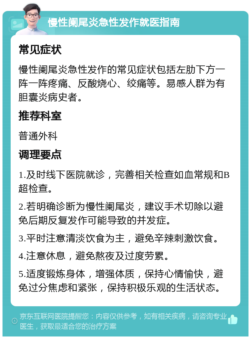 慢性阑尾炎急性发作就医指南 常见症状 慢性阑尾炎急性发作的常见症状包括左肋下方一阵一阵疼痛、反酸烧心、绞痛等。易感人群为有胆囊炎病史者。 推荐科室 普通外科 调理要点 1.及时线下医院就诊，完善相关检查如血常规和B超检查。 2.若明确诊断为慢性阑尾炎，建议手术切除以避免后期反复发作可能导致的并发症。 3.平时注意清淡饮食为主，避免辛辣刺激饮食。 4.注意休息，避免熬夜及过度劳累。 5.适度锻炼身体，增强体质，保持心情愉快，避免过分焦虑和紧张，保持积极乐观的生活状态。