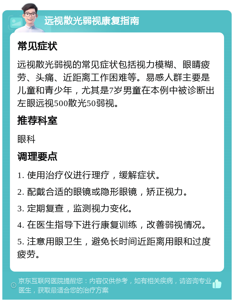 远视散光弱视康复指南 常见症状 远视散光弱视的常见症状包括视力模糊、眼睛疲劳、头痛、近距离工作困难等。易感人群主要是儿童和青少年，尤其是7岁男童在本例中被诊断出左眼远视500散光50弱视。 推荐科室 眼科 调理要点 1. 使用治疗仪进行理疗，缓解症状。 2. 配戴合适的眼镜或隐形眼镜，矫正视力。 3. 定期复查，监测视力变化。 4. 在医生指导下进行康复训练，改善弱视情况。 5. 注意用眼卫生，避免长时间近距离用眼和过度疲劳。