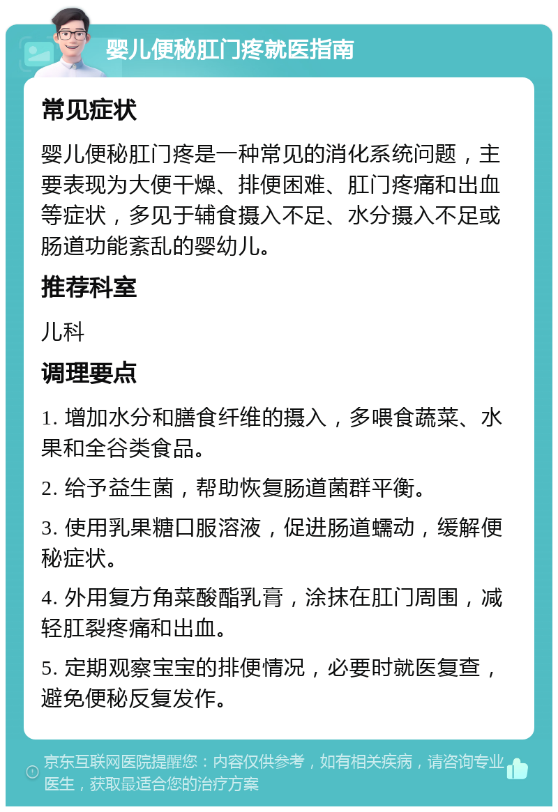 婴儿便秘肛门疼就医指南 常见症状 婴儿便秘肛门疼是一种常见的消化系统问题，主要表现为大便干燥、排便困难、肛门疼痛和出血等症状，多见于辅食摄入不足、水分摄入不足或肠道功能紊乱的婴幼儿。 推荐科室 儿科 调理要点 1. 增加水分和膳食纤维的摄入，多喂食蔬菜、水果和全谷类食品。 2. 给予益生菌，帮助恢复肠道菌群平衡。 3. 使用乳果糖口服溶液，促进肠道蠕动，缓解便秘症状。 4. 外用复方角菜酸酯乳膏，涂抹在肛门周围，减轻肛裂疼痛和出血。 5. 定期观察宝宝的排便情况，必要时就医复查，避免便秘反复发作。