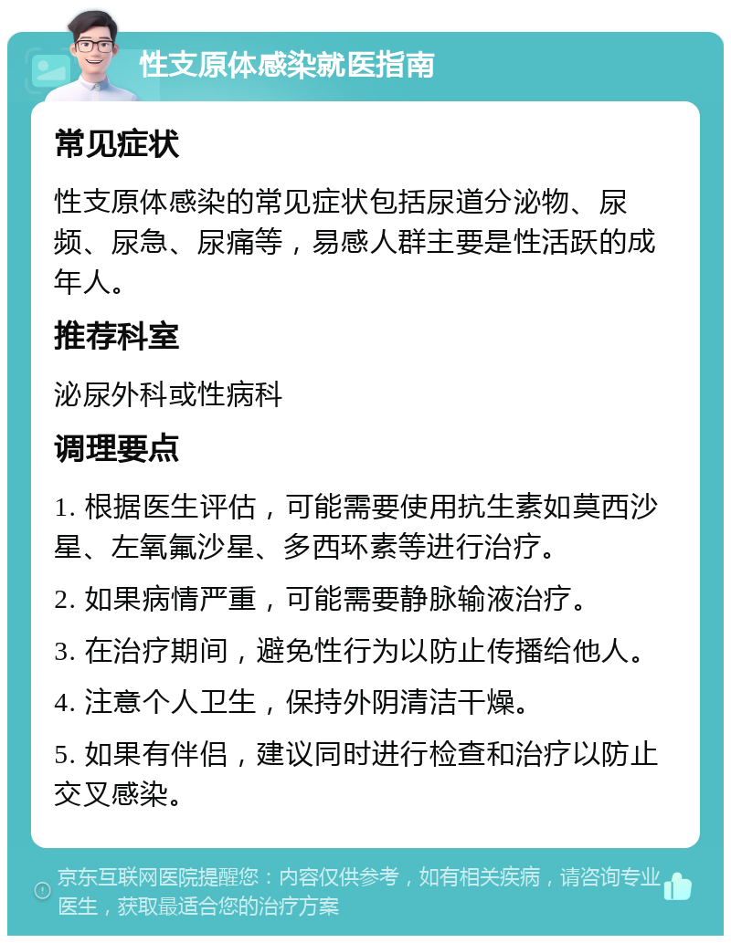 性支原体感染就医指南 常见症状 性支原体感染的常见症状包括尿道分泌物、尿频、尿急、尿痛等，易感人群主要是性活跃的成年人。 推荐科室 泌尿外科或性病科 调理要点 1. 根据医生评估，可能需要使用抗生素如莫西沙星、左氧氟沙星、多西环素等进行治疗。 2. 如果病情严重，可能需要静脉输液治疗。 3. 在治疗期间，避免性行为以防止传播给他人。 4. 注意个人卫生，保持外阴清洁干燥。 5. 如果有伴侣，建议同时进行检查和治疗以防止交叉感染。