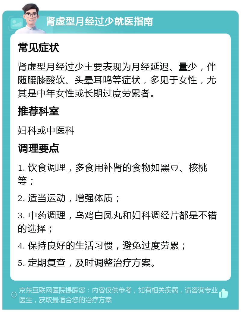 肾虚型月经过少就医指南 常见症状 肾虚型月经过少主要表现为月经延迟、量少，伴随腰膝酸软、头晕耳鸣等症状，多见于女性，尤其是中年女性或长期过度劳累者。 推荐科室 妇科或中医科 调理要点 1. 饮食调理，多食用补肾的食物如黑豆、核桃等； 2. 适当运动，增强体质； 3. 中药调理，乌鸡白凤丸和妇科调经片都是不错的选择； 4. 保持良好的生活习惯，避免过度劳累； 5. 定期复查，及时调整治疗方案。