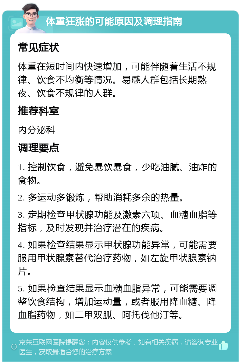 体重狂涨的可能原因及调理指南 常见症状 体重在短时间内快速增加，可能伴随着生活不规律、饮食不均衡等情况。易感人群包括长期熬夜、饮食不规律的人群。 推荐科室 内分泌科 调理要点 1. 控制饮食，避免暴饮暴食，少吃油腻、油炸的食物。 2. 多运动多锻炼，帮助消耗多余的热量。 3. 定期检查甲状腺功能及激素六项、血糖血脂等指标，及时发现并治疗潜在的疾病。 4. 如果检查结果显示甲状腺功能异常，可能需要服用甲状腺素替代治疗药物，如左旋甲状腺素钠片。 5. 如果检查结果显示血糖血脂异常，可能需要调整饮食结构，增加运动量，或者服用降血糖、降血脂药物，如二甲双胍、阿托伐他汀等。