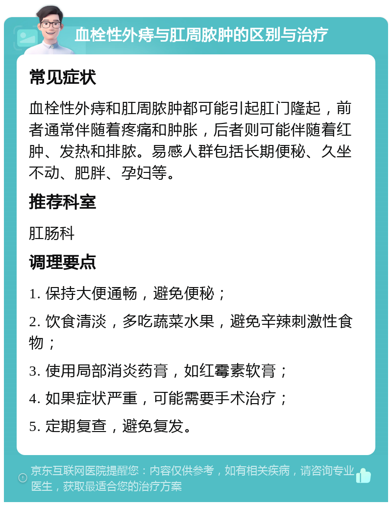 血栓性外痔与肛周脓肿的区别与治疗 常见症状 血栓性外痔和肛周脓肿都可能引起肛门隆起，前者通常伴随着疼痛和肿胀，后者则可能伴随着红肿、发热和排脓。易感人群包括长期便秘、久坐不动、肥胖、孕妇等。 推荐科室 肛肠科 调理要点 1. 保持大便通畅，避免便秘； 2. 饮食清淡，多吃蔬菜水果，避免辛辣刺激性食物； 3. 使用局部消炎药膏，如红霉素软膏； 4. 如果症状严重，可能需要手术治疗； 5. 定期复查，避免复发。