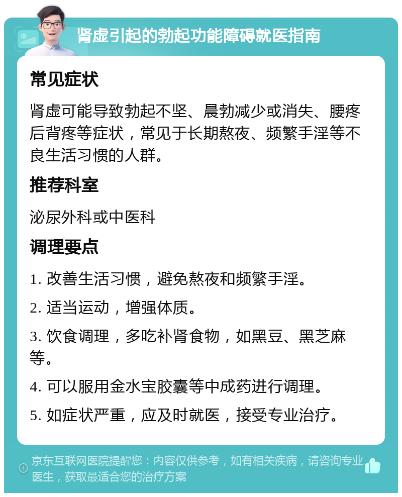 肾虚引起的勃起功能障碍就医指南 常见症状 肾虚可能导致勃起不坚、晨勃减少或消失、腰疼后背疼等症状，常见于长期熬夜、频繁手淫等不良生活习惯的人群。 推荐科室 泌尿外科或中医科 调理要点 1. 改善生活习惯，避免熬夜和频繁手淫。 2. 适当运动，增强体质。 3. 饮食调理，多吃补肾食物，如黑豆、黑芝麻等。 4. 可以服用金水宝胶囊等中成药进行调理。 5. 如症状严重，应及时就医，接受专业治疗。