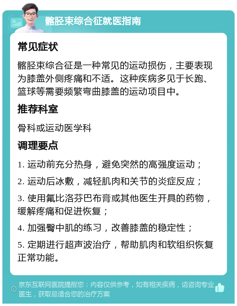 髂胫束综合征就医指南 常见症状 髂胫束综合征是一种常见的运动损伤，主要表现为膝盖外侧疼痛和不适。这种疾病多见于长跑、篮球等需要频繁弯曲膝盖的运动项目中。 推荐科室 骨科或运动医学科 调理要点 1. 运动前充分热身，避免突然的高强度运动； 2. 运动后冰敷，减轻肌肉和关节的炎症反应； 3. 使用氟比洛芬巴布膏或其他医生开具的药物，缓解疼痛和促进恢复； 4. 加强臀中肌的练习，改善膝盖的稳定性； 5. 定期进行超声波治疗，帮助肌肉和软组织恢复正常功能。