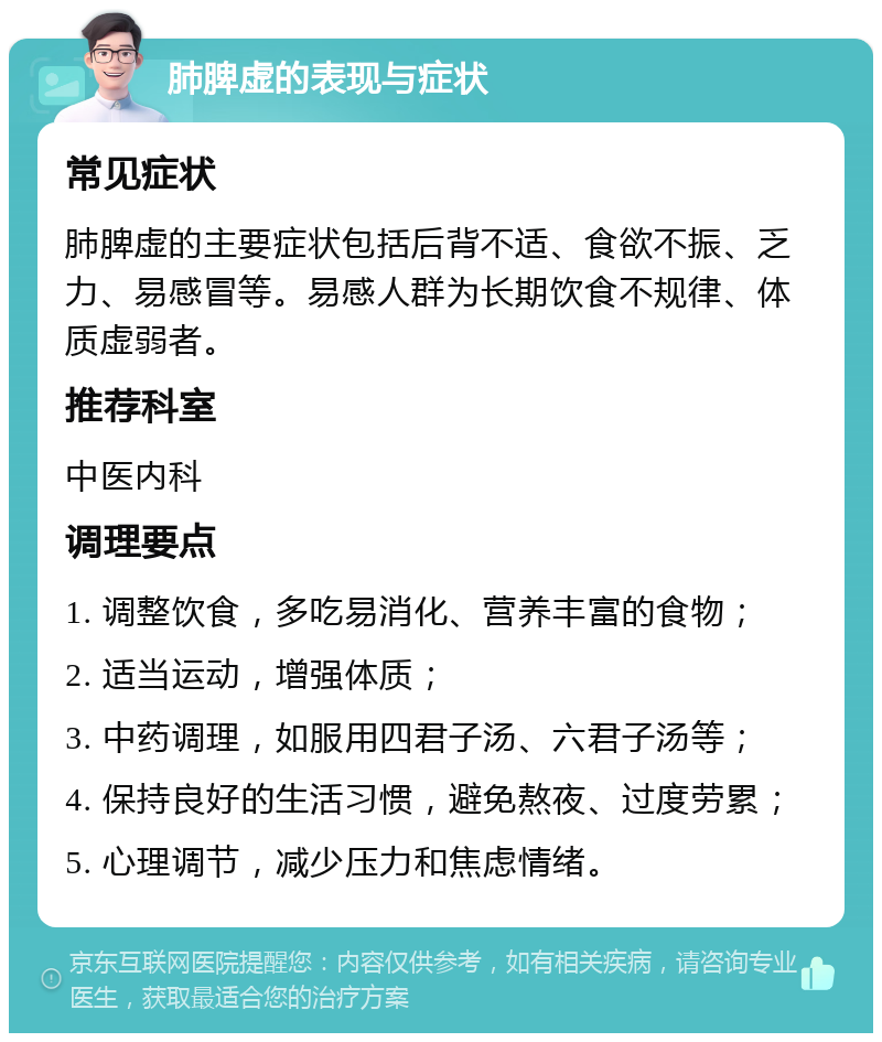 肺脾虚的表现与症状 常见症状 肺脾虚的主要症状包括后背不适、食欲不振、乏力、易感冒等。易感人群为长期饮食不规律、体质虚弱者。 推荐科室 中医内科 调理要点 1. 调整饮食，多吃易消化、营养丰富的食物； 2. 适当运动，增强体质； 3. 中药调理，如服用四君子汤、六君子汤等； 4. 保持良好的生活习惯，避免熬夜、过度劳累； 5. 心理调节，减少压力和焦虑情绪。