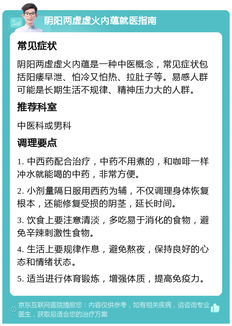 阴阳两虚虚火內蕴就医指南 常见症状 阴阳两虚虚火內蕴是一种中医概念，常见症状包括阳痿早泄、怕冷又怕热、拉肚子等。易感人群可能是长期生活不规律、精神压力大的人群。 推荐科室 中医科或男科 调理要点 1. 中西药配合治疗，中药不用煮的，和咖啡一样冲水就能喝的中药，非常方便。 2. 小剂量隔日服用西药为辅，不仅调理身体恢复根本，还能修复受损的阴茎，延长时间。 3. 饮食上要注意清淡，多吃易于消化的食物，避免辛辣刺激性食物。 4. 生活上要规律作息，避免熬夜，保持良好的心态和情绪状态。 5. 适当进行体育锻炼，增强体质，提高免疫力。