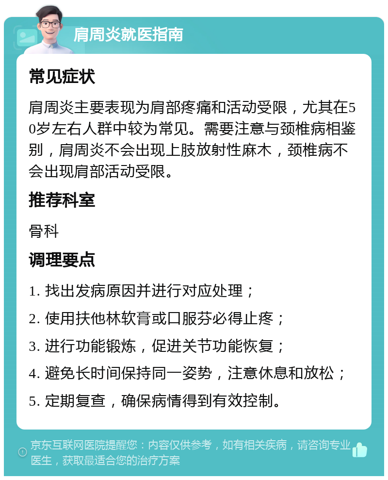 肩周炎就医指南 常见症状 肩周炎主要表现为肩部疼痛和活动受限，尤其在50岁左右人群中较为常见。需要注意与颈椎病相鉴别，肩周炎不会出现上肢放射性麻木，颈椎病不会出现肩部活动受限。 推荐科室 骨科 调理要点 1. 找出发病原因并进行对应处理； 2. 使用扶他林软膏或口服芬必得止疼； 3. 进行功能锻炼，促进关节功能恢复； 4. 避免长时间保持同一姿势，注意休息和放松； 5. 定期复查，确保病情得到有效控制。