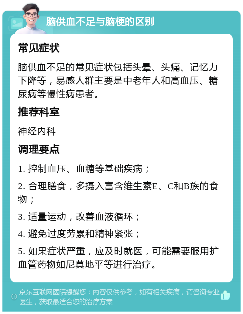 脑供血不足与脑梗的区别 常见症状 脑供血不足的常见症状包括头晕、头痛、记忆力下降等，易感人群主要是中老年人和高血压、糖尿病等慢性病患者。 推荐科室 神经内科 调理要点 1. 控制血压、血糖等基础疾病； 2. 合理膳食，多摄入富含维生素E、C和B族的食物； 3. 适量运动，改善血液循环； 4. 避免过度劳累和精神紧张； 5. 如果症状严重，应及时就医，可能需要服用扩血管药物如尼莫地平等进行治疗。