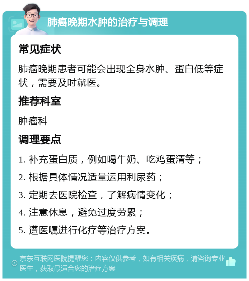 肺癌晚期水肿的治疗与调理 常见症状 肺癌晚期患者可能会出现全身水肿、蛋白低等症状，需要及时就医。 推荐科室 肿瘤科 调理要点 1. 补充蛋白质，例如喝牛奶、吃鸡蛋清等； 2. 根据具体情况适量运用利尿药； 3. 定期去医院检查，了解病情变化； 4. 注意休息，避免过度劳累； 5. 遵医嘱进行化疗等治疗方案。