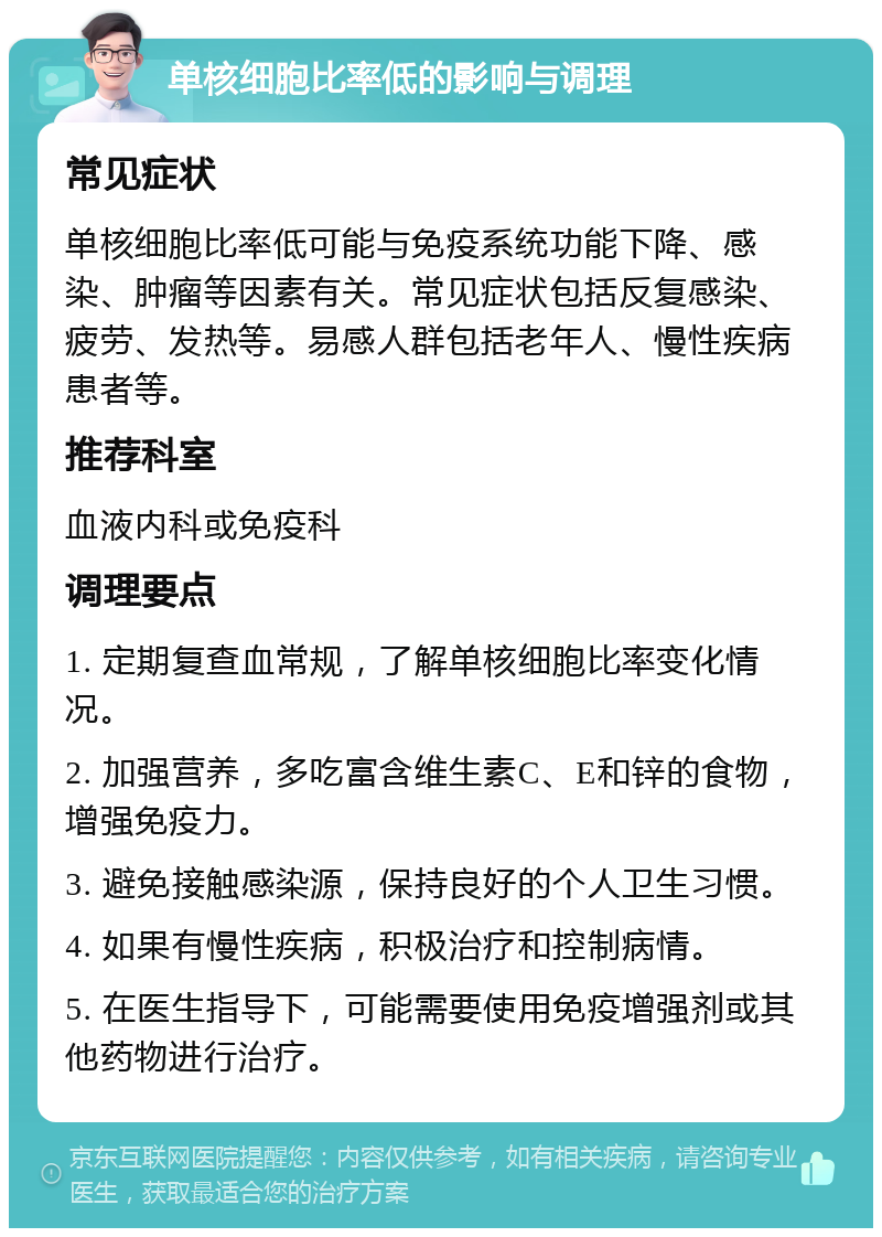 单核细胞比率低的影响与调理 常见症状 单核细胞比率低可能与免疫系统功能下降、感染、肿瘤等因素有关。常见症状包括反复感染、疲劳、发热等。易感人群包括老年人、慢性疾病患者等。 推荐科室 血液内科或免疫科 调理要点 1. 定期复查血常规，了解单核细胞比率变化情况。 2. 加强营养，多吃富含维生素C、E和锌的食物，增强免疫力。 3. 避免接触感染源，保持良好的个人卫生习惯。 4. 如果有慢性疾病，积极治疗和控制病情。 5. 在医生指导下，可能需要使用免疫增强剂或其他药物进行治疗。