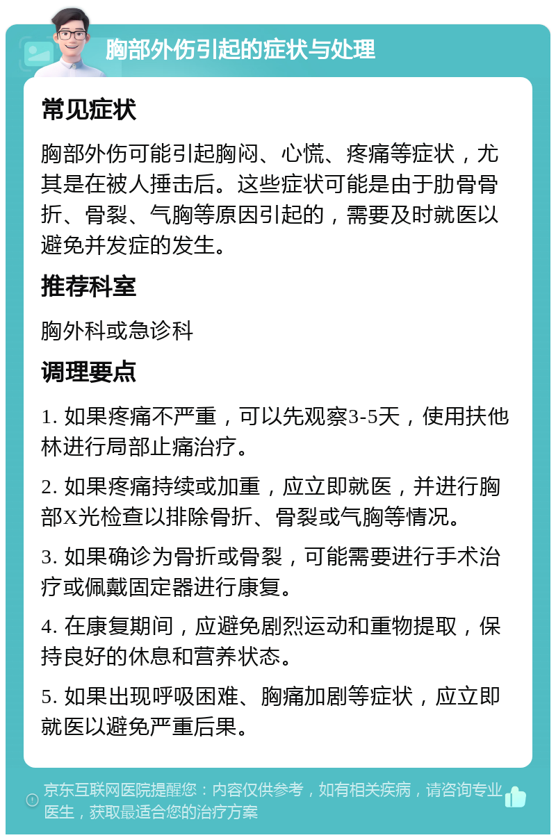 胸部外伤引起的症状与处理 常见症状 胸部外伤可能引起胸闷、心慌、疼痛等症状，尤其是在被人捶击后。这些症状可能是由于肋骨骨折、骨裂、气胸等原因引起的，需要及时就医以避免并发症的发生。 推荐科室 胸外科或急诊科 调理要点 1. 如果疼痛不严重，可以先观察3-5天，使用扶他林进行局部止痛治疗。 2. 如果疼痛持续或加重，应立即就医，并进行胸部X光检查以排除骨折、骨裂或气胸等情况。 3. 如果确诊为骨折或骨裂，可能需要进行手术治疗或佩戴固定器进行康复。 4. 在康复期间，应避免剧烈运动和重物提取，保持良好的休息和营养状态。 5. 如果出现呼吸困难、胸痛加剧等症状，应立即就医以避免严重后果。