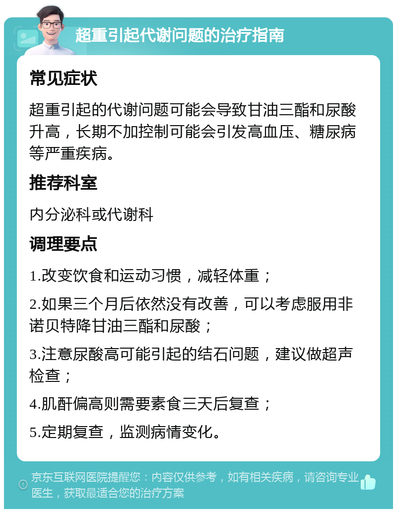 超重引起代谢问题的治疗指南 常见症状 超重引起的代谢问题可能会导致甘油三酯和尿酸升高，长期不加控制可能会引发高血压、糖尿病等严重疾病。 推荐科室 内分泌科或代谢科 调理要点 1.改变饮食和运动习惯，减轻体重； 2.如果三个月后依然没有改善，可以考虑服用非诺贝特降甘油三酯和尿酸； 3.注意尿酸高可能引起的结石问题，建议做超声检查； 4.肌酐偏高则需要素食三天后复查； 5.定期复查，监测病情变化。