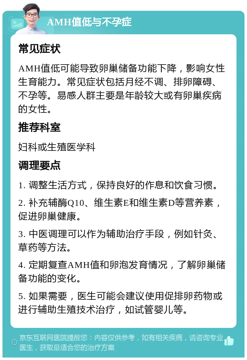 AMH值低与不孕症 常见症状 AMH值低可能导致卵巢储备功能下降，影响女性生育能力。常见症状包括月经不调、排卵障碍、不孕等。易感人群主要是年龄较大或有卵巢疾病的女性。 推荐科室 妇科或生殖医学科 调理要点 1. 调整生活方式，保持良好的作息和饮食习惯。 2. 补充辅酶Q10、维生素E和维生素D等营养素，促进卵巢健康。 3. 中医调理可以作为辅助治疗手段，例如针灸、草药等方法。 4. 定期复查AMH值和卵泡发育情况，了解卵巢储备功能的变化。 5. 如果需要，医生可能会建议使用促排卵药物或进行辅助生殖技术治疗，如试管婴儿等。