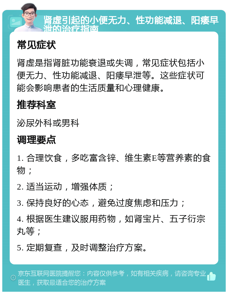 肾虚引起的小便无力、性功能减退、阳痿早泄的治疗指南 常见症状 肾虚是指肾脏功能衰退或失调，常见症状包括小便无力、性功能减退、阳痿早泄等。这些症状可能会影响患者的生活质量和心理健康。 推荐科室 泌尿外科或男科 调理要点 1. 合理饮食，多吃富含锌、维生素E等营养素的食物； 2. 适当运动，增强体质； 3. 保持良好的心态，避免过度焦虑和压力； 4. 根据医生建议服用药物，如肾宝片、五子衍宗丸等； 5. 定期复查，及时调整治疗方案。