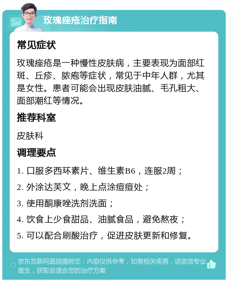 玫瑰痤疮治疗指南 常见症状 玫瑰痤疮是一种慢性皮肤病，主要表现为面部红斑、丘疹、脓疱等症状，常见于中年人群，尤其是女性。患者可能会出现皮肤油腻、毛孔粗大、面部潮红等情况。 推荐科室 皮肤科 调理要点 1. 口服多西环素片、维生素B6，连服2周； 2. 外涂达芙文，晚上点涂痘痘处； 3. 使用酮康唑洗剂洗面； 4. 饮食上少食甜品、油腻食品，避免熬夜； 5. 可以配合刷酸治疗，促进皮肤更新和修复。