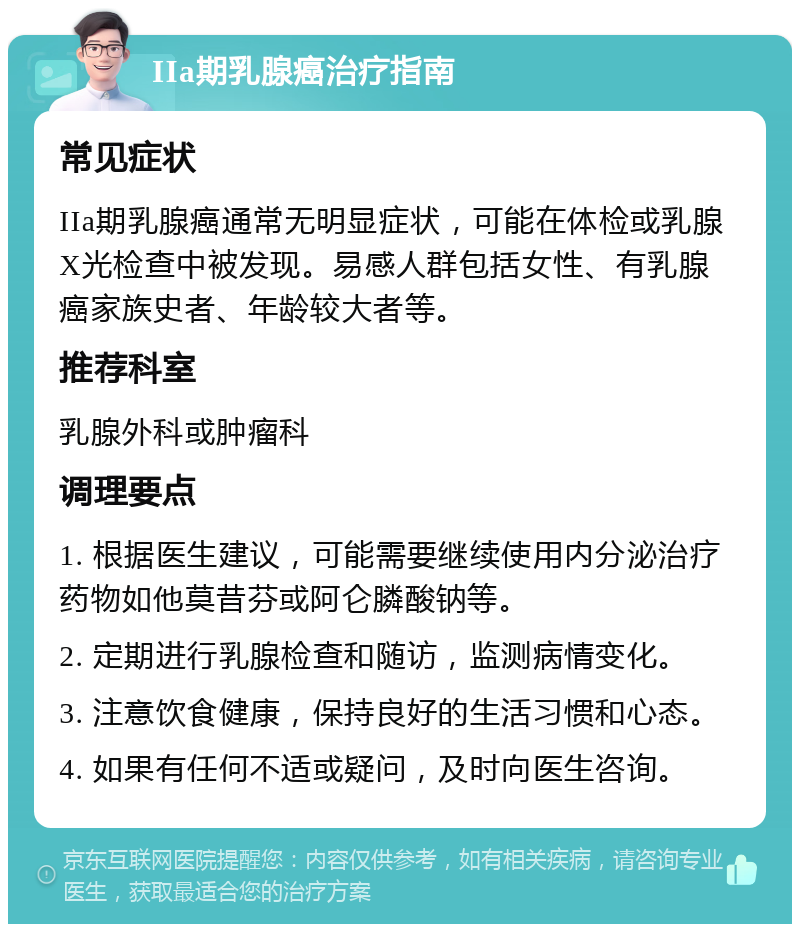 IIa期乳腺癌治疗指南 常见症状 IIa期乳腺癌通常无明显症状，可能在体检或乳腺X光检查中被发现。易感人群包括女性、有乳腺癌家族史者、年龄较大者等。 推荐科室 乳腺外科或肿瘤科 调理要点 1. 根据医生建议，可能需要继续使用内分泌治疗药物如他莫昔芬或阿仑膦酸钠等。 2. 定期进行乳腺检查和随访，监测病情变化。 3. 注意饮食健康，保持良好的生活习惯和心态。 4. 如果有任何不适或疑问，及时向医生咨询。