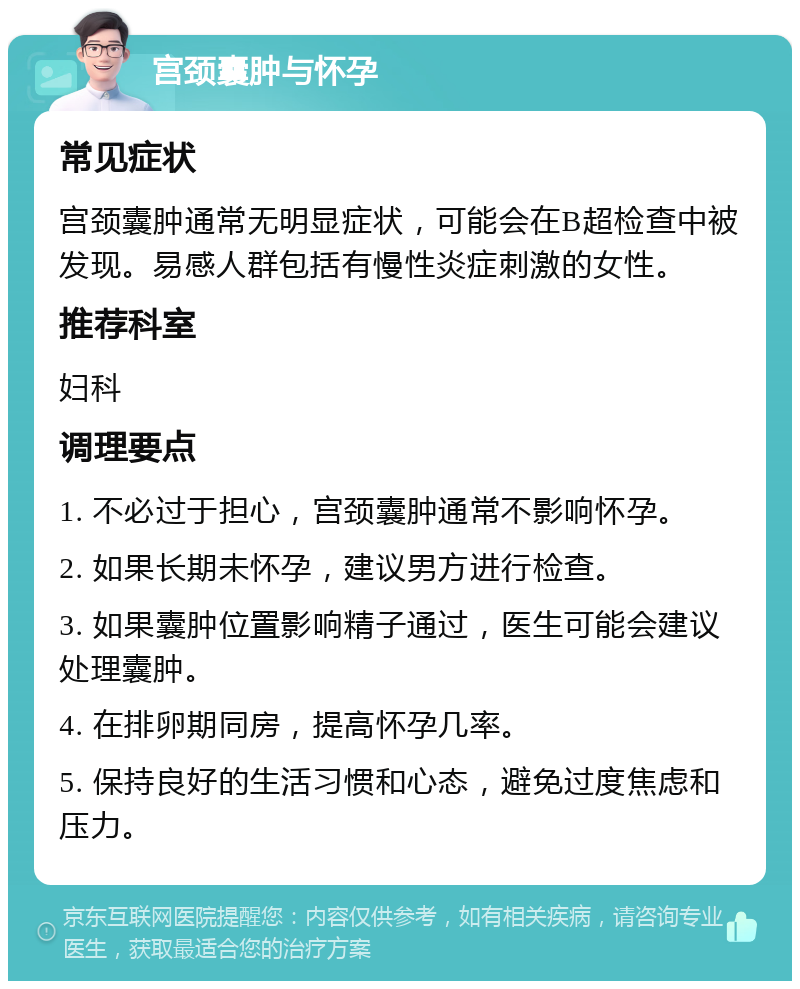 宫颈囊肿与怀孕 常见症状 宫颈囊肿通常无明显症状，可能会在B超检查中被发现。易感人群包括有慢性炎症刺激的女性。 推荐科室 妇科 调理要点 1. 不必过于担心，宫颈囊肿通常不影响怀孕。 2. 如果长期未怀孕，建议男方进行检查。 3. 如果囊肿位置影响精子通过，医生可能会建议处理囊肿。 4. 在排卵期同房，提高怀孕几率。 5. 保持良好的生活习惯和心态，避免过度焦虑和压力。