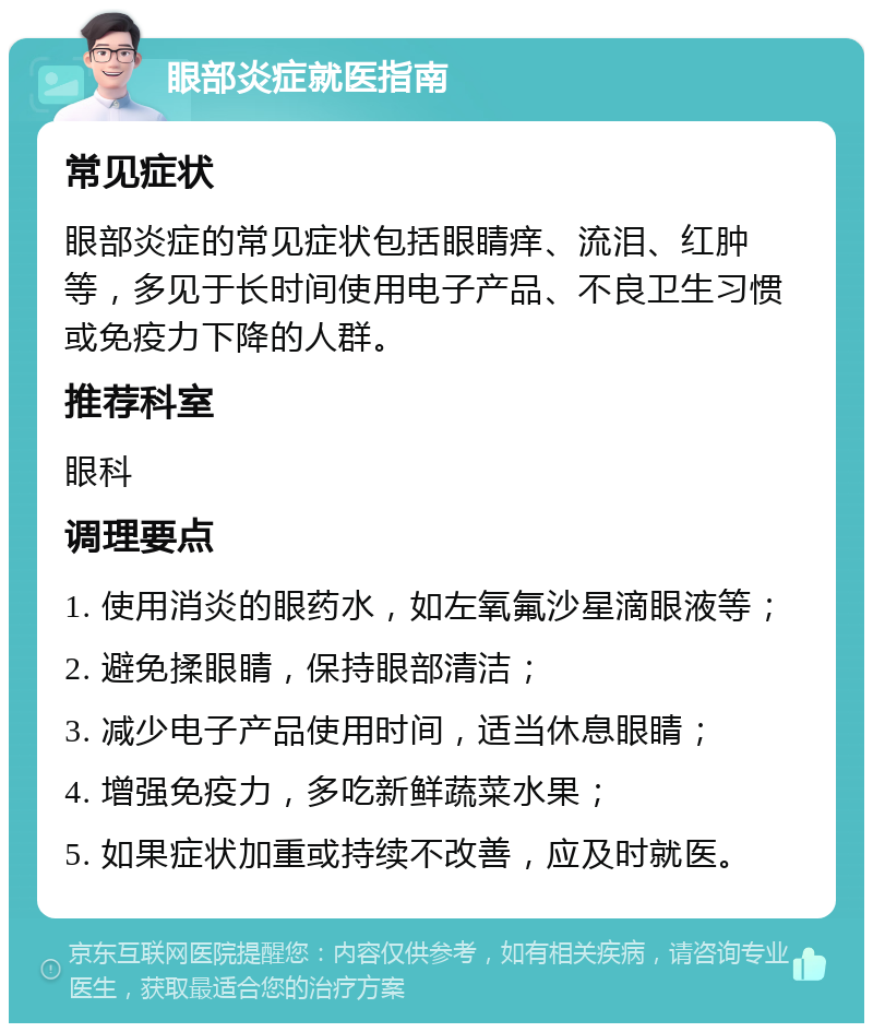 眼部炎症就医指南 常见症状 眼部炎症的常见症状包括眼睛痒、流泪、红肿等，多见于长时间使用电子产品、不良卫生习惯或免疫力下降的人群。 推荐科室 眼科 调理要点 1. 使用消炎的眼药水，如左氧氟沙星滴眼液等； 2. 避免揉眼睛，保持眼部清洁； 3. 减少电子产品使用时间，适当休息眼睛； 4. 增强免疫力，多吃新鲜蔬菜水果； 5. 如果症状加重或持续不改善，应及时就医。